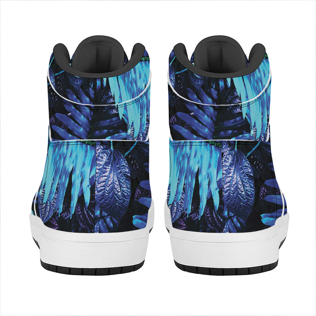 Blue Tropical Leaves Print High Top Leather Sneakers