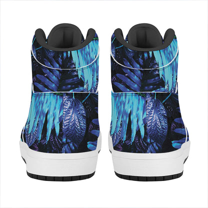 Blue Tropical Leaves Print High Top Leather Sneakers