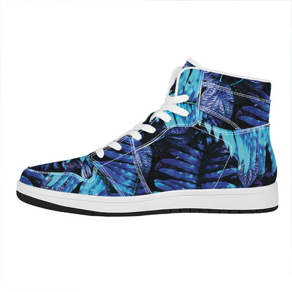 Blue Tropical Leaves Print High Top Leather Sneakers
