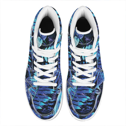 Blue Tropical Leaves Print High Top Leather Sneakers