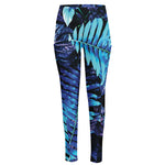 Blue Tropical Leaves Print High-Waisted Pocket Leggings