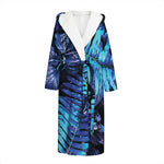 Blue Tropical Leaves Print Hooded Bathrobe