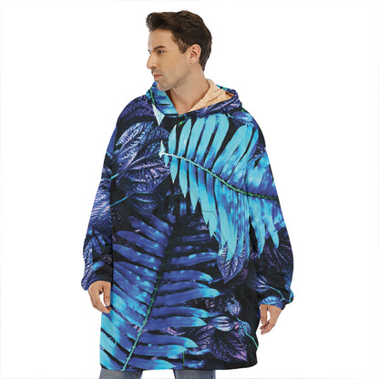 Blue Tropical Leaves Print Hoodie Blanket