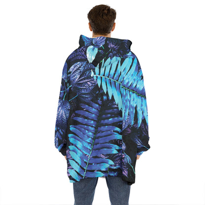 Blue Tropical Leaves Print Hoodie Blanket
