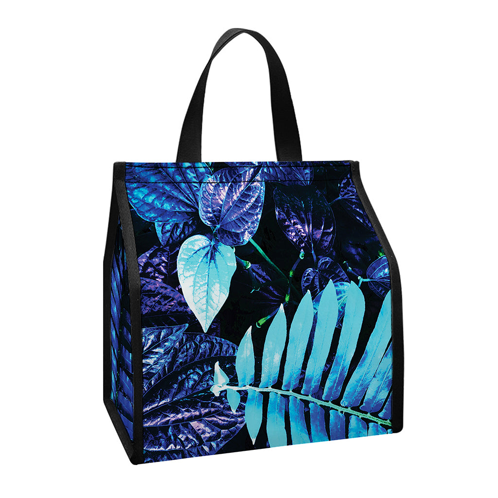 Blue Tropical Leaves Print Insulated Lunch Tote