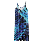 Blue Tropical Leaves Print Jersey Midi Cami Dress