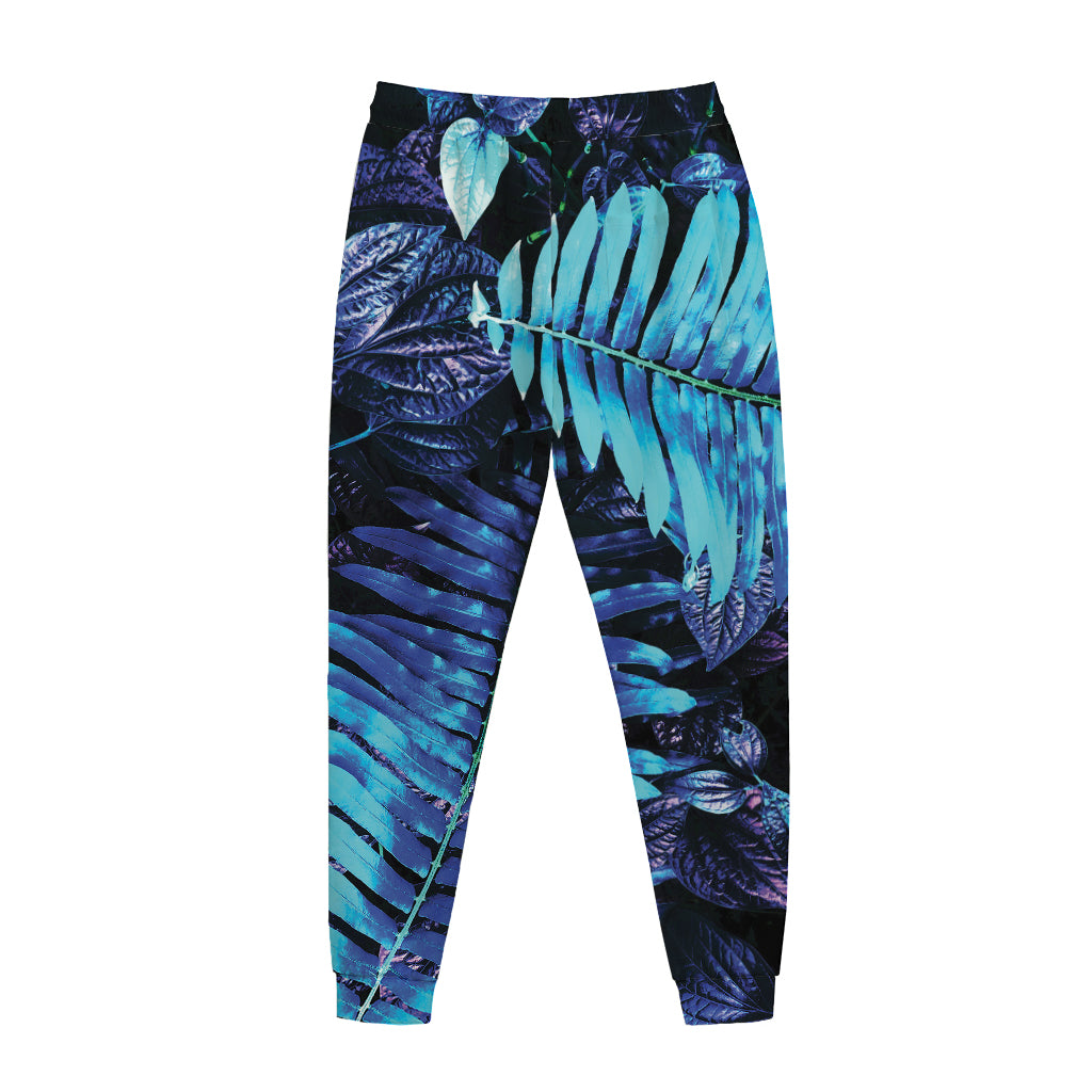 Blue Tropical Leaves Print Jogger Pants