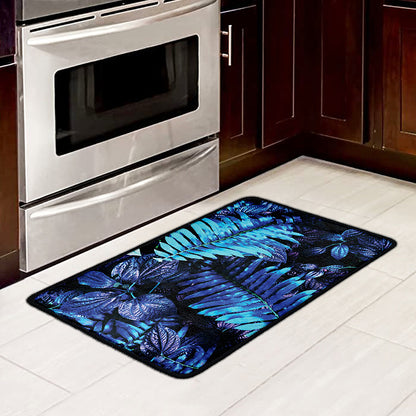 Blue Tropical Leaves Print Kitchen Mat