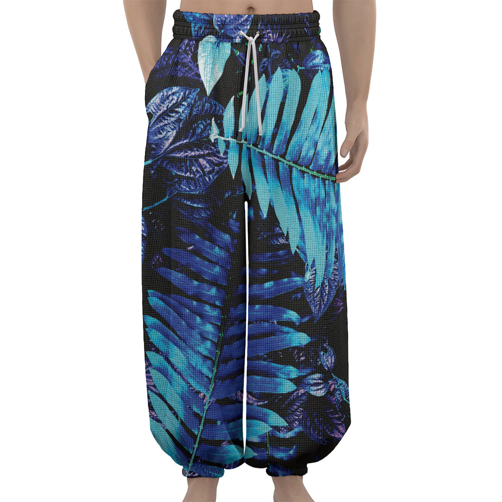 Blue Tropical Leaves Print Lantern Pants
