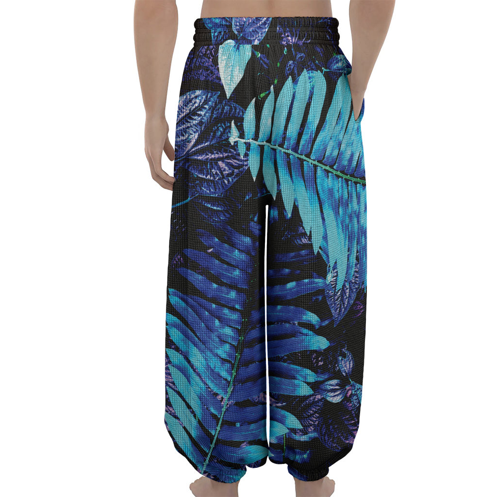 Blue Tropical Leaves Print Lantern Pants