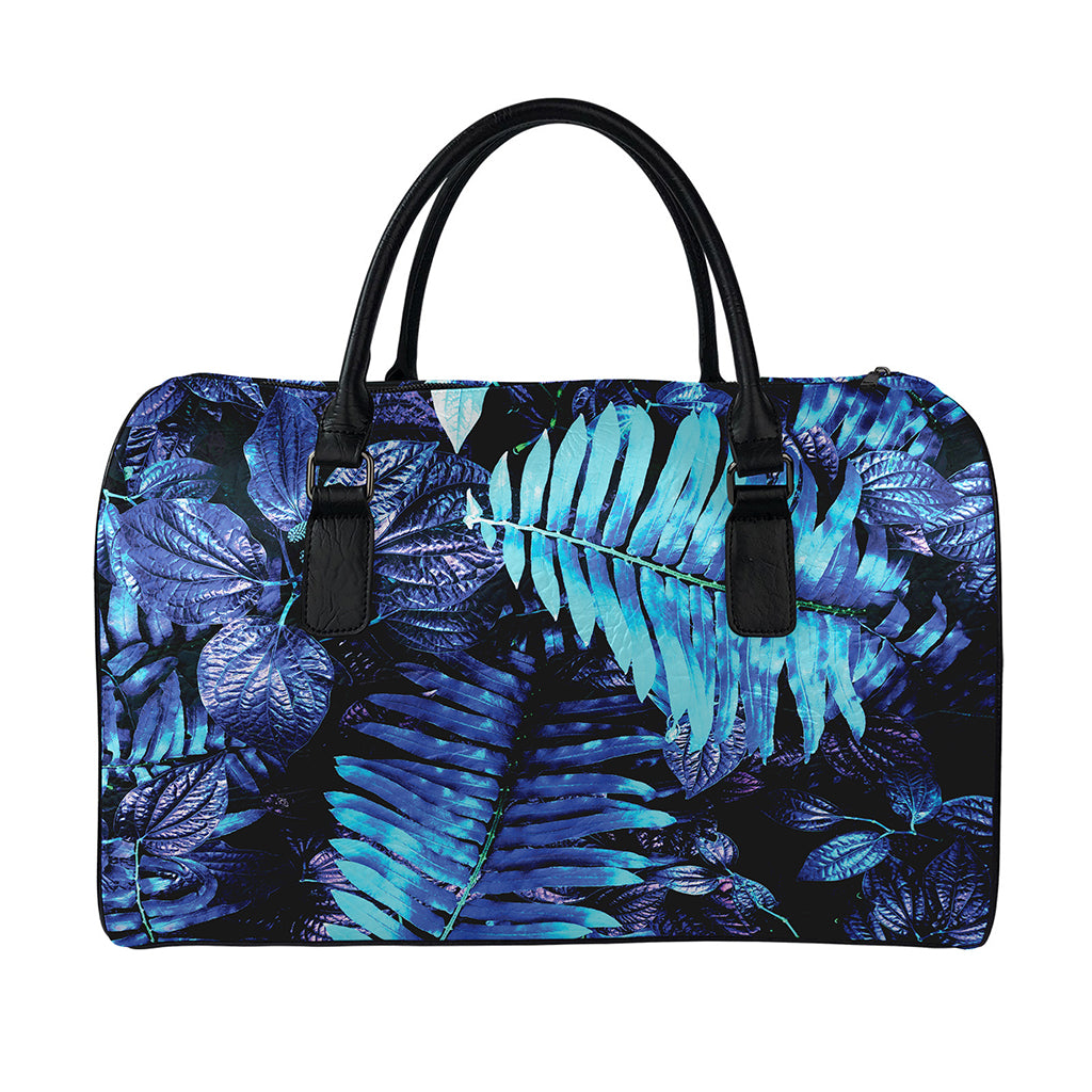 Blue Tropical Leaves Print Leather Duffle Bag
