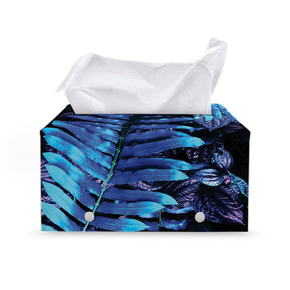 Blue Tropical Leaves Print Leather Tissue Box Cover