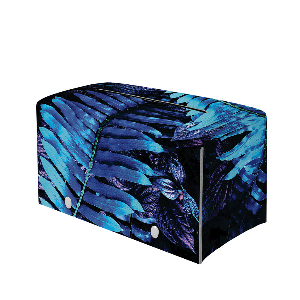 Blue Tropical Leaves Print Leather Tissue Box Cover