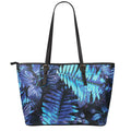 Blue Tropical Leaves Print Leather Tote Bag With Zipper