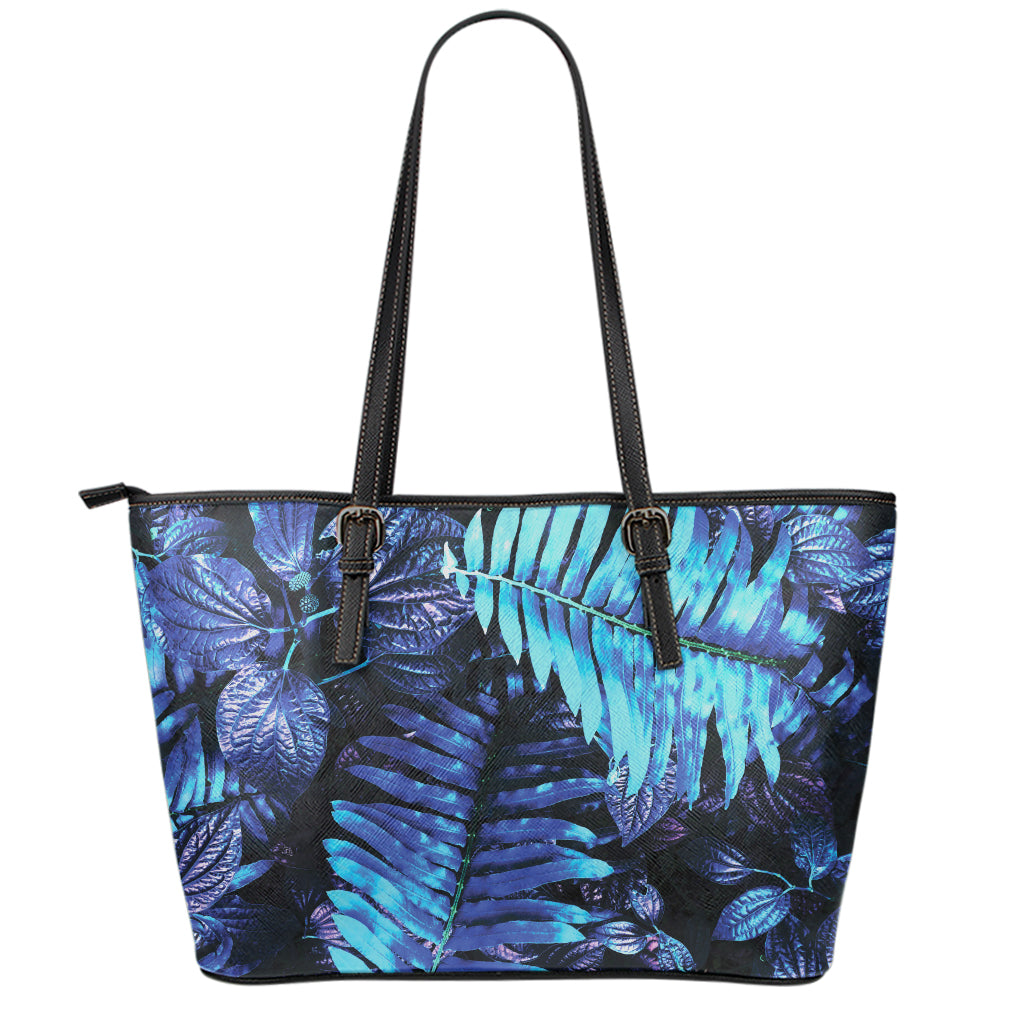 Blue Tropical Leaves Print Leather Tote Bag