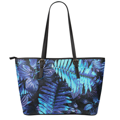 Blue Tropical Leaves Print Leather Tote Bag