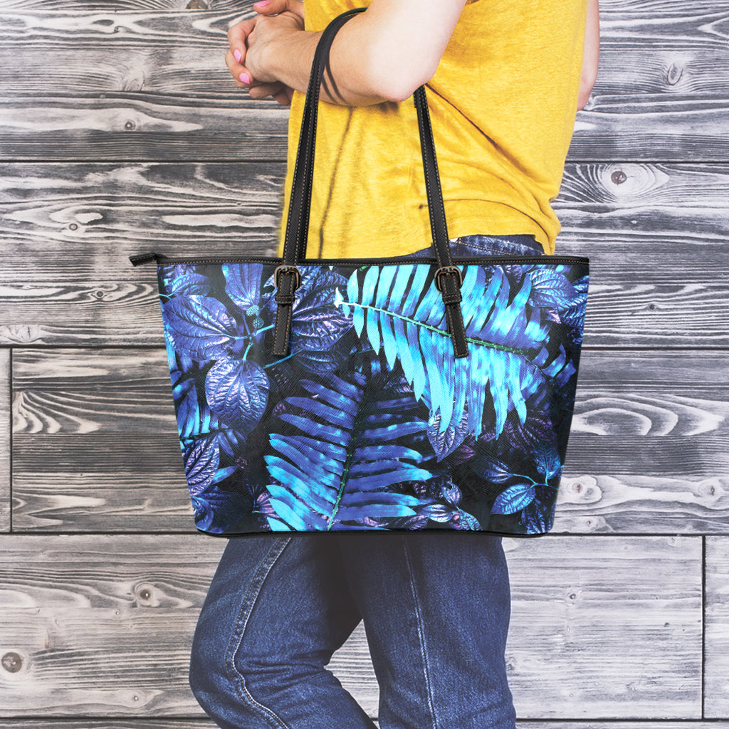 Blue Tropical Leaves Print Leather Tote Bag