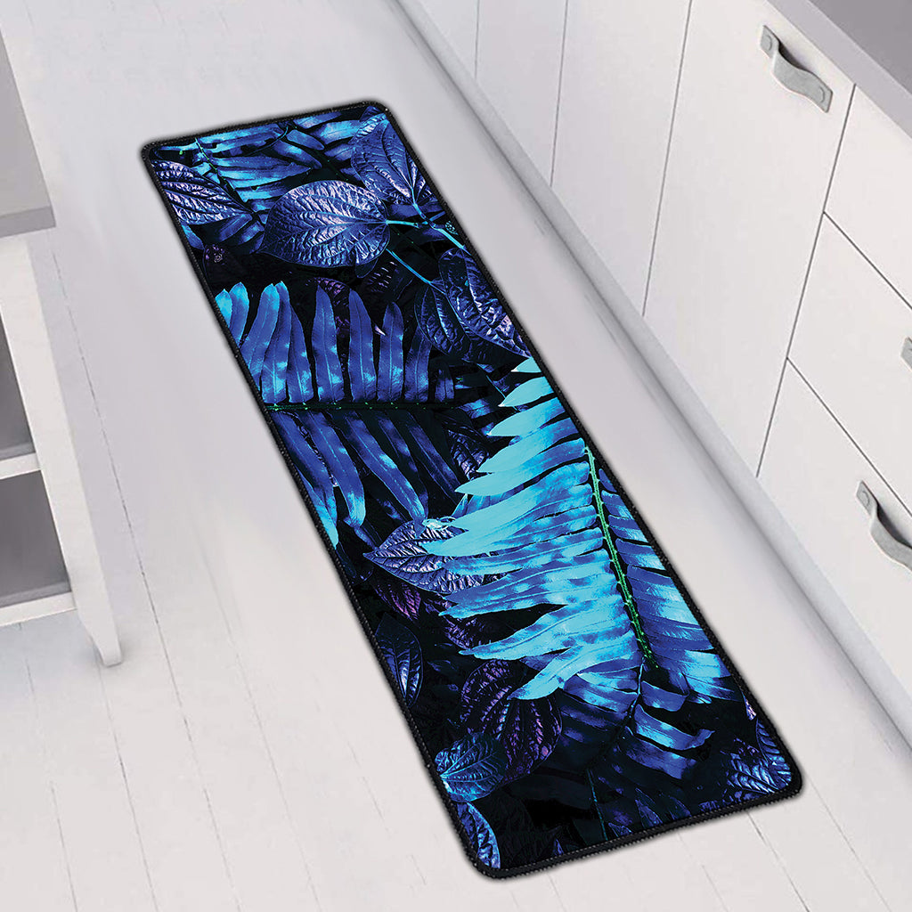 Blue Tropical Leaves Print Long Kitchen Mat