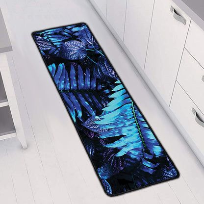 Blue Tropical Leaves Print Long Kitchen Mat