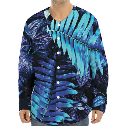 Blue Tropical Leaves Print Long Sleeve Baseball Jersey