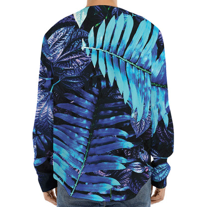 Blue Tropical Leaves Print Long Sleeve Baseball Jersey