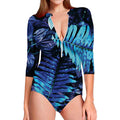 Blue Tropical Leaves Print Long Sleeve Swimsuit