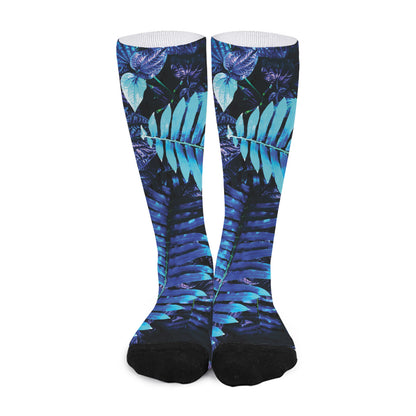 Blue Tropical Leaves Print Long Socks