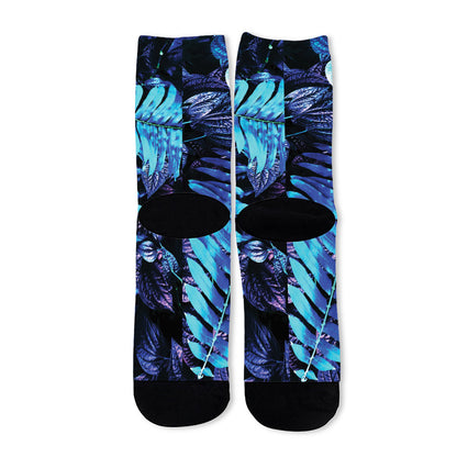 Blue Tropical Leaves Print Long Socks