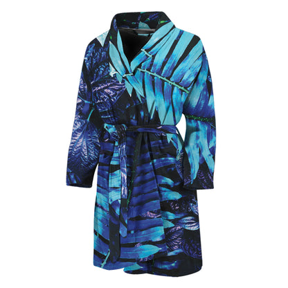 Blue Tropical Leaves Print Men's Bathrobe