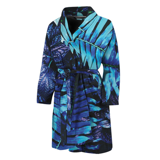 Blue Tropical Leaves Print Men's Bathrobe