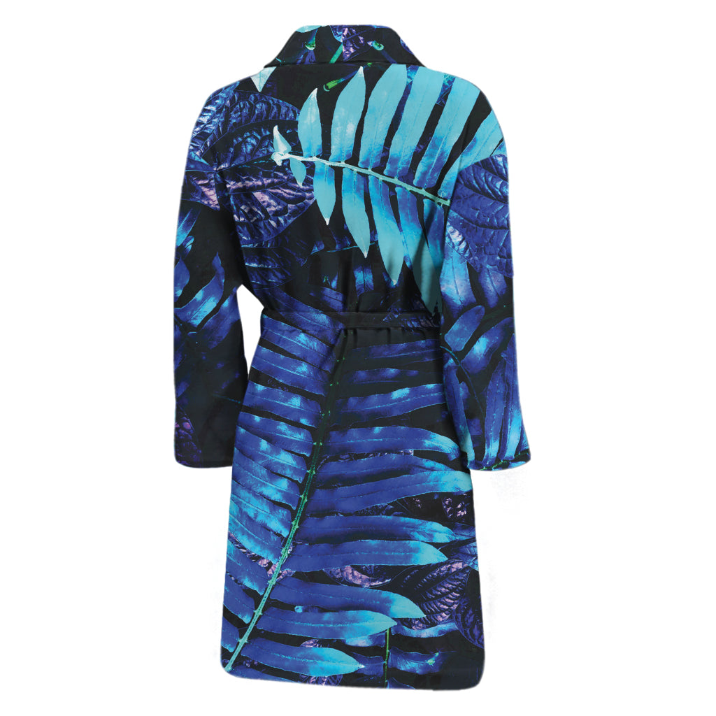 Blue Tropical Leaves Print Men's Bathrobe