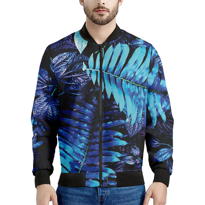 Blue Tropical Leaves Print Men's Bomber Jacket