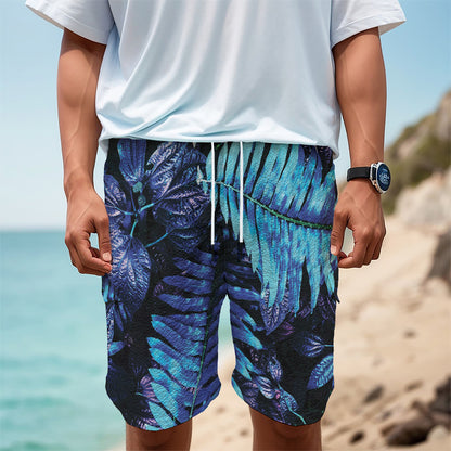 Blue Tropical Leaves Print Men's Cargo Shorts
