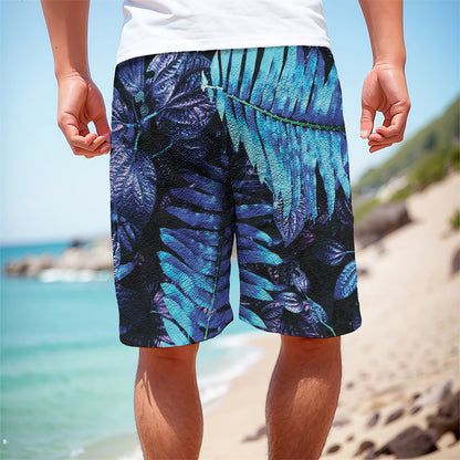 Blue Tropical Leaves Print Men's Cargo Shorts