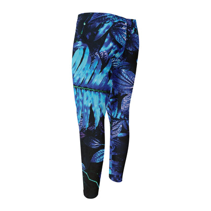 Blue Tropical Leaves Print Men's Compression Pants