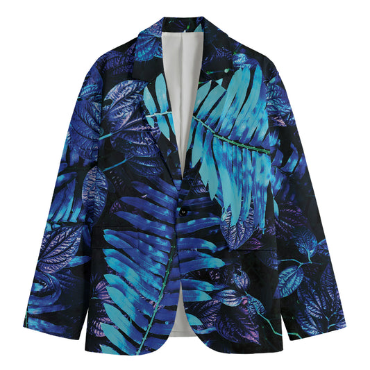 Blue Tropical Leaves Print Men's Cotton Blazer
