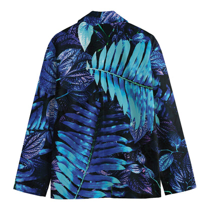 Blue Tropical Leaves Print Men's Cotton Blazer