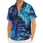Blue Tropical Leaves Print Men's Deep V-Neck Shirt