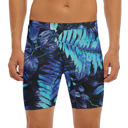 Blue Tropical Leaves Print Men's Long Boxer Briefs