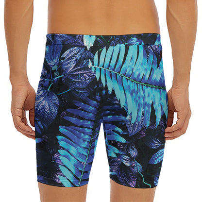 Blue Tropical Leaves Print Men's Long Boxer Briefs