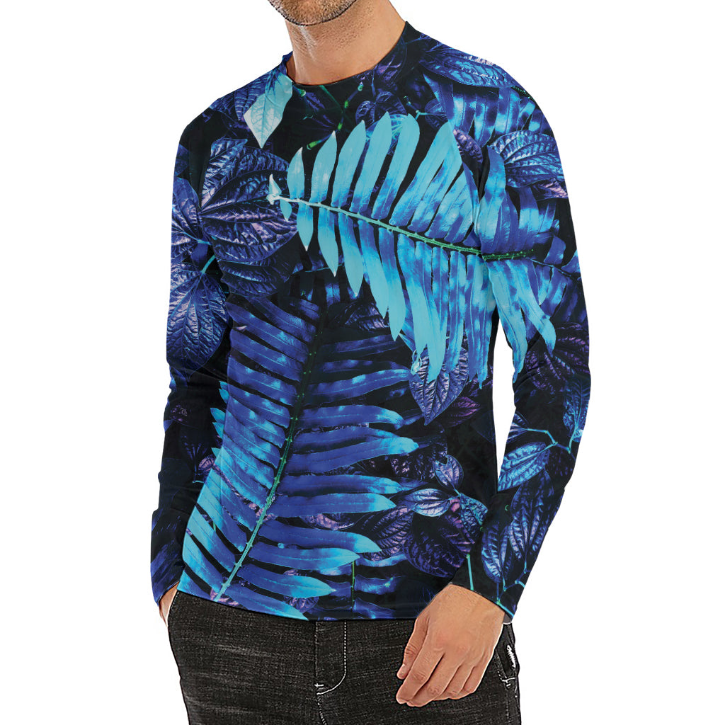 Blue Tropical Leaves Print Men's Long Sleeve Rash Guard