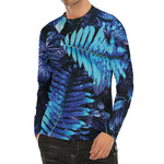 Blue Tropical Leaves Print Men's Long Sleeve Rash Guard
