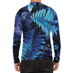Blue Tropical Leaves Print Men's Long Sleeve Rash Guard
