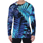 Blue Tropical Leaves Print Men's Long Sleeve T-Shirt