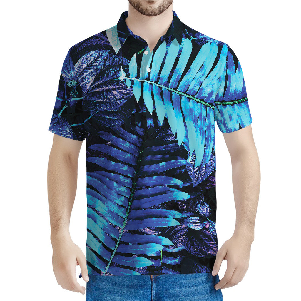 Blue Tropical Leaves Print Men's Polo Shirt