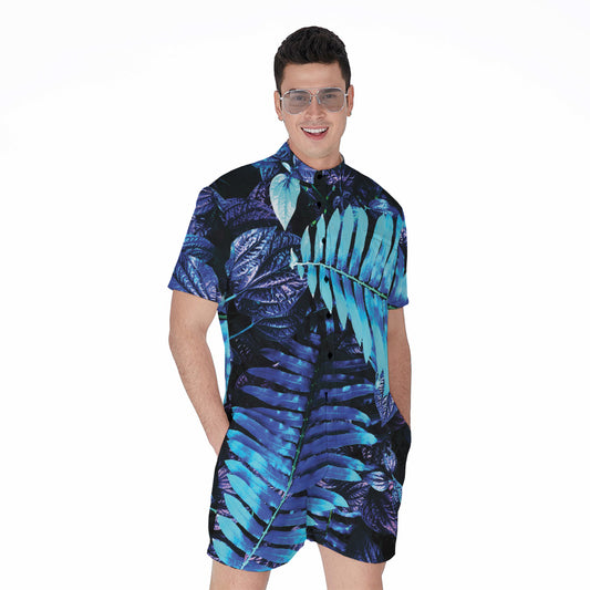 Blue Tropical Leaves Print Men's Rompers