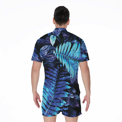 Blue Tropical Leaves Print Men's Rompers