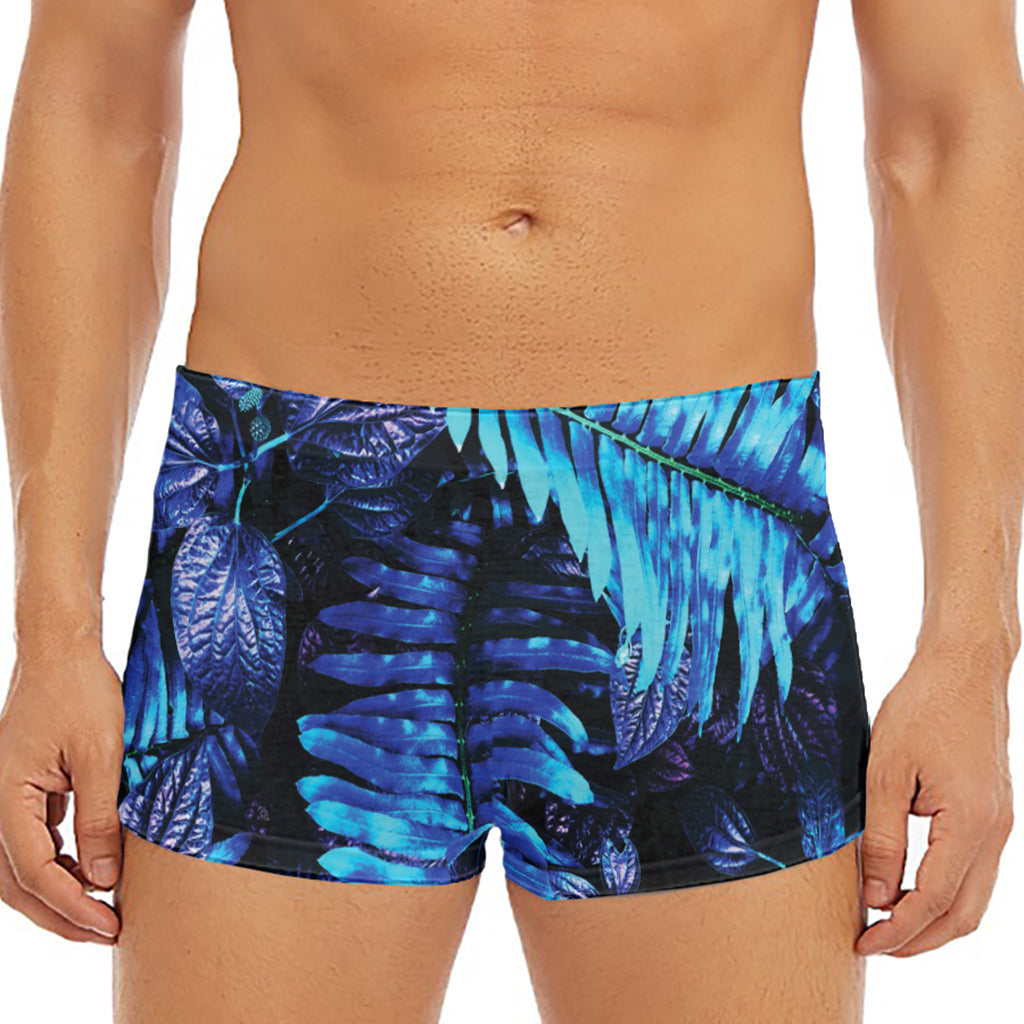 Blue Tropical Leaves Print Men's Short Boxer Briefs