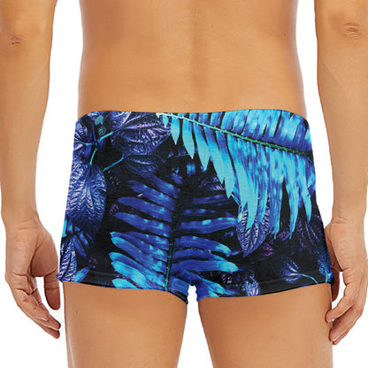 Blue Tropical Leaves Print Men's Short Boxer Briefs