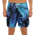 Blue Tropical Leaves Print Men's Split Running Shorts